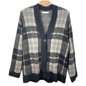 Oversized Charcoal & Light Gray Plaid Button Cardigan Sweater